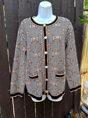 Ann Klein Tailored Knit Cardigan Sweater L Equestrian Metallic